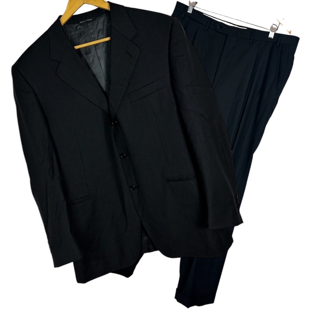 Canali Mens Suit Sz 44R Wool 3-Button Blazer Pleated Cuffed Trousers Black Italy - Picture 2 of 16